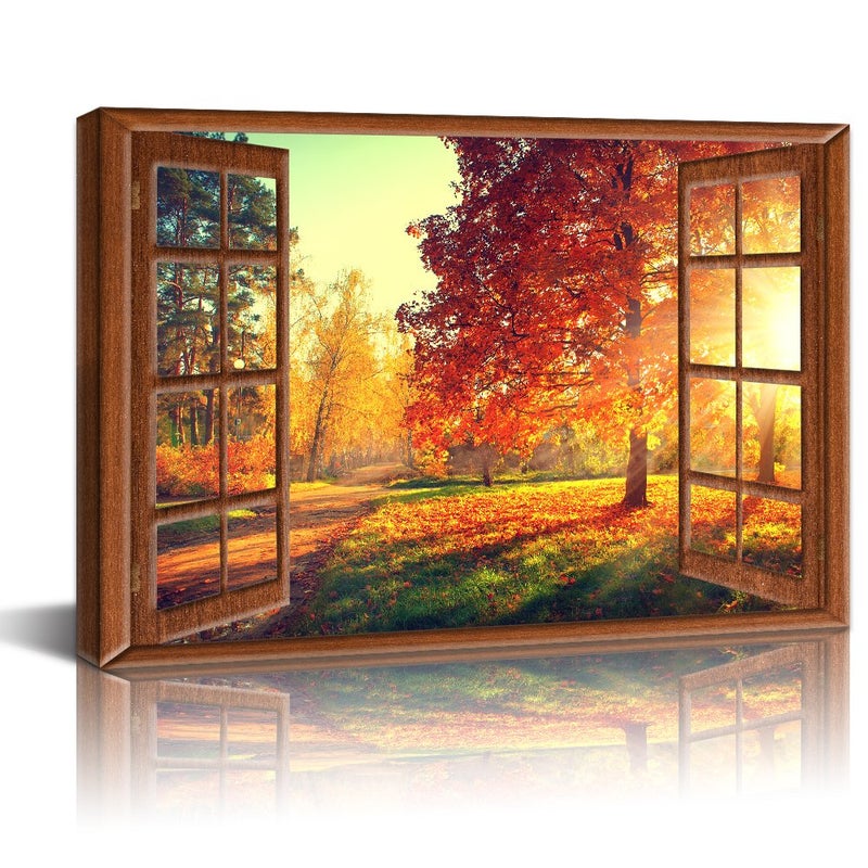 LevvArts Canvas Prints Wall Art,View from Vintage Window of Autumn Scene,Fall Forest Trees in Sun Light Painting Modern Wall Decor,Framed Ready to Hang,-24 x 36 - Image 1
